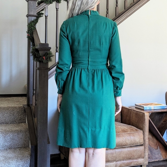 dark green LONG SLEEVE DRESS 1970's vintage S - Picture 10 of 13